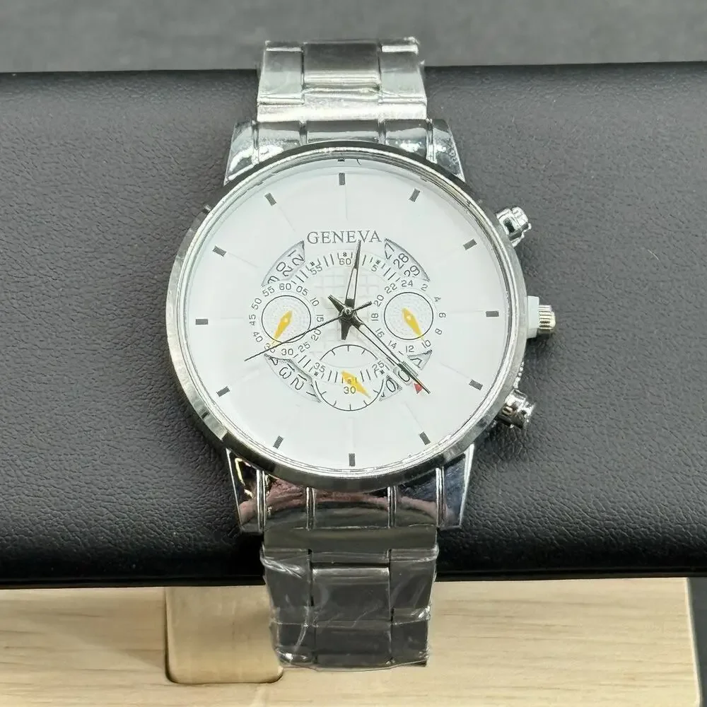 Geneva Men's Luxury Quartz Chronograph Watch Silver Stainless Steel Casual Dress